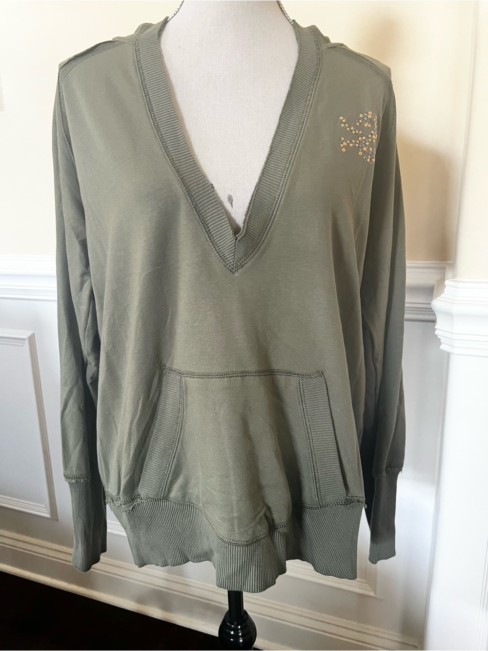 Olive Green, Deep V-Neck Pullover Hoodie Sweatshirt with Pocket.